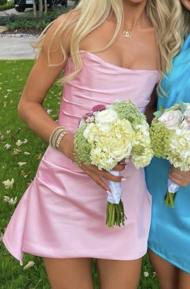 Robe courte en satin rose, coupe trapèze, sans bretelles, pour 15e anniversaire, style collège, tenue de cocktail, B693