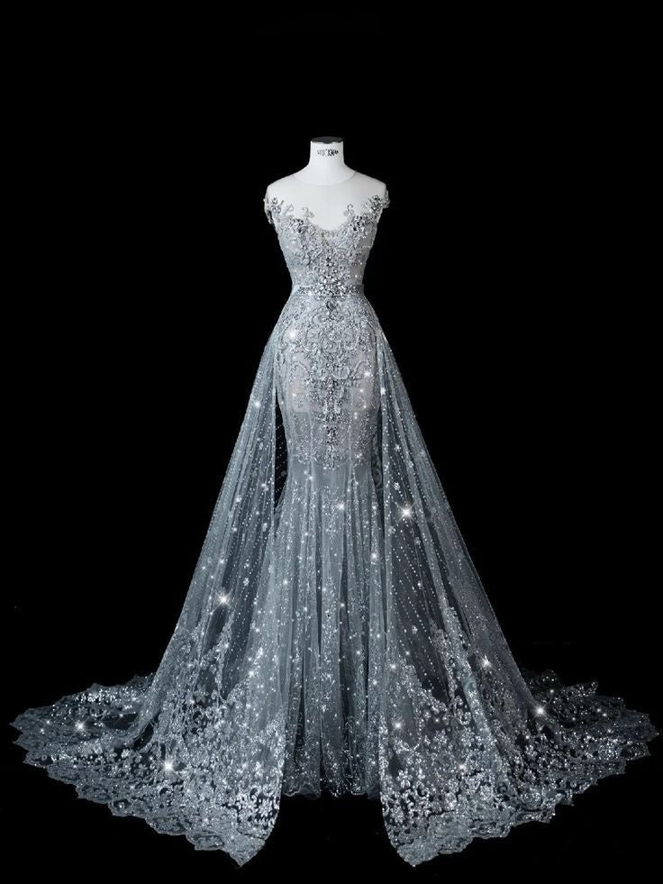Robe de mariée sirène de rêve à col rond et paillettes argentées, longue, robes de mariée formelles féeriques B74