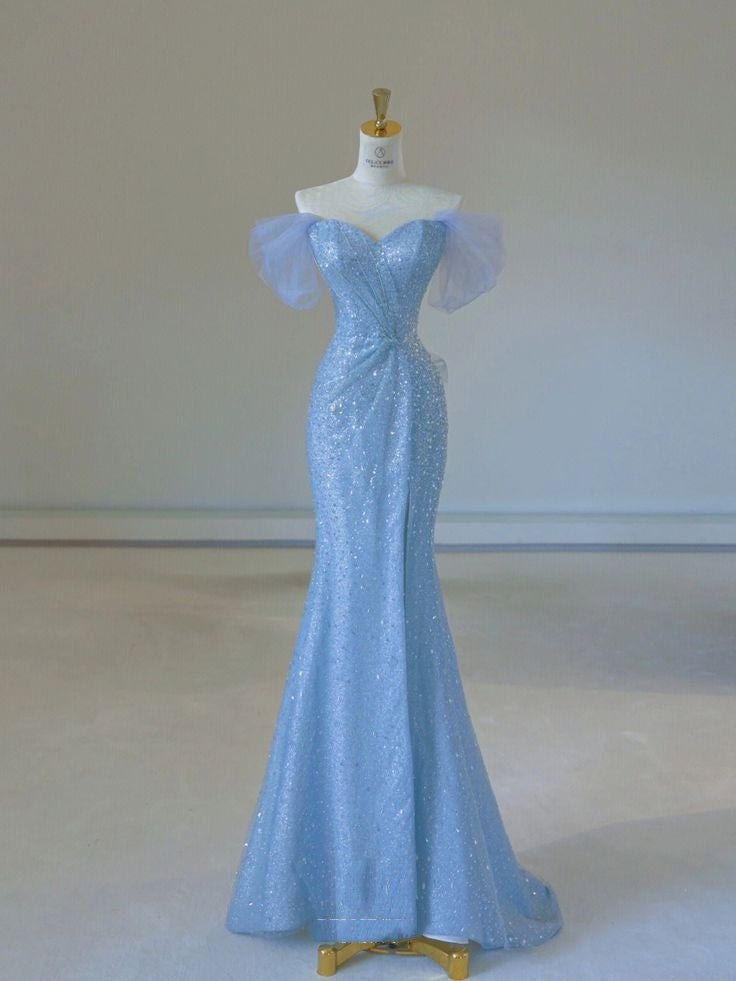 Robe de bal élégante sirène à épaules dénudées, longue et scintillante, à sequins bleus, longueur au sol, inspiration robes de bal B95