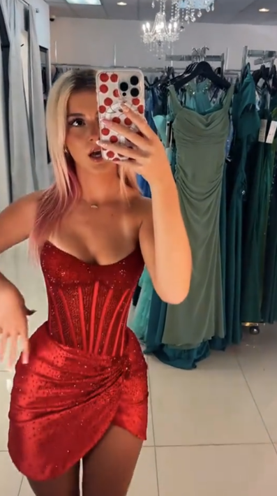 Robe Courte de Demoiselle d'Honneur Scintillante sans Bretelles Bordeaux avec Cristaux Paillettes sans Manches Mini Senior Inspo N4747