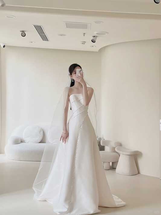 Women’s Strapless Sleeveless Bridal Wedding Dress With Pleated Floor Length A Line Gown for Bride AB892