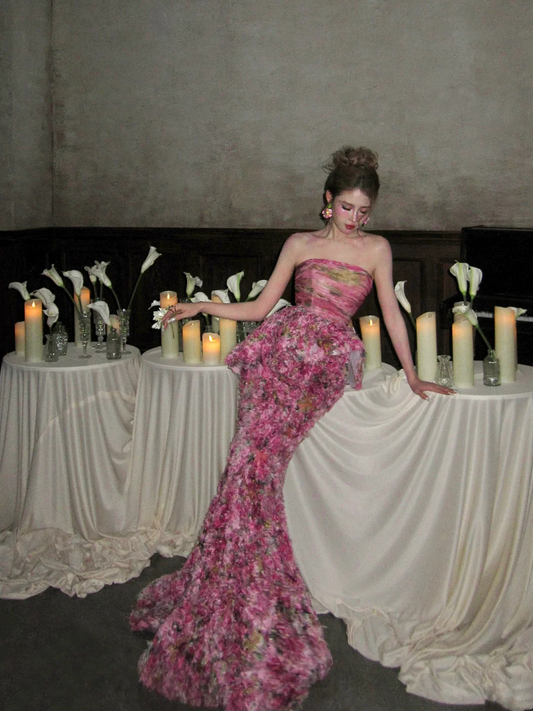 Modest Mermaid Hot Pink Strapless Floral Prom Dress Aesthetic Long Graduation Dance Evening Outfits N053