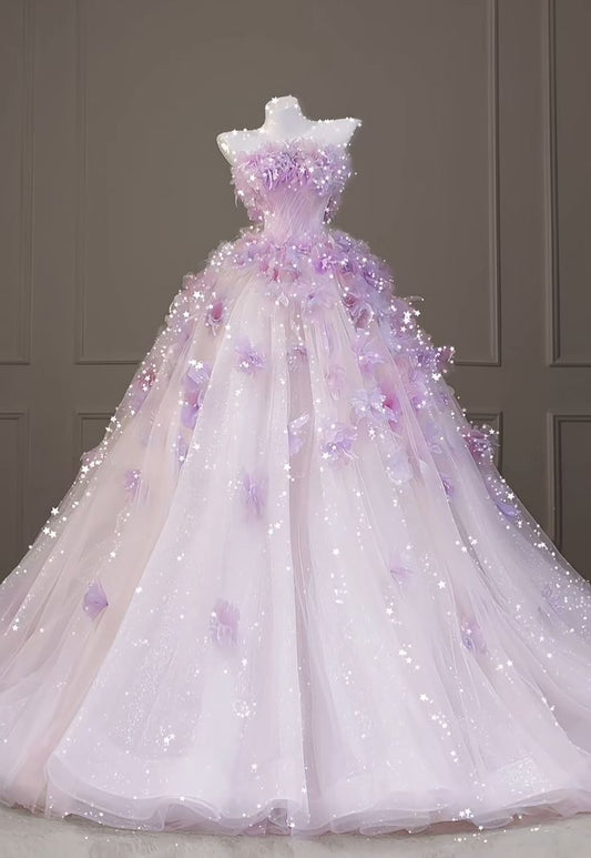 Modest Quinceanera Dresses Ball Gown Strapless Lilac Tulle Birthday Gowns Vestidos De 15 Anos Formal Party Long Sweet 16 Dress RB2830