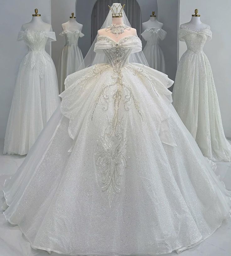 Modest Ball Gown Off The Shoulder White Sequins Silver Beads Wedding Dress Styles Long Fairytale Brides Gown Wedding Dresses Ideas RB2839