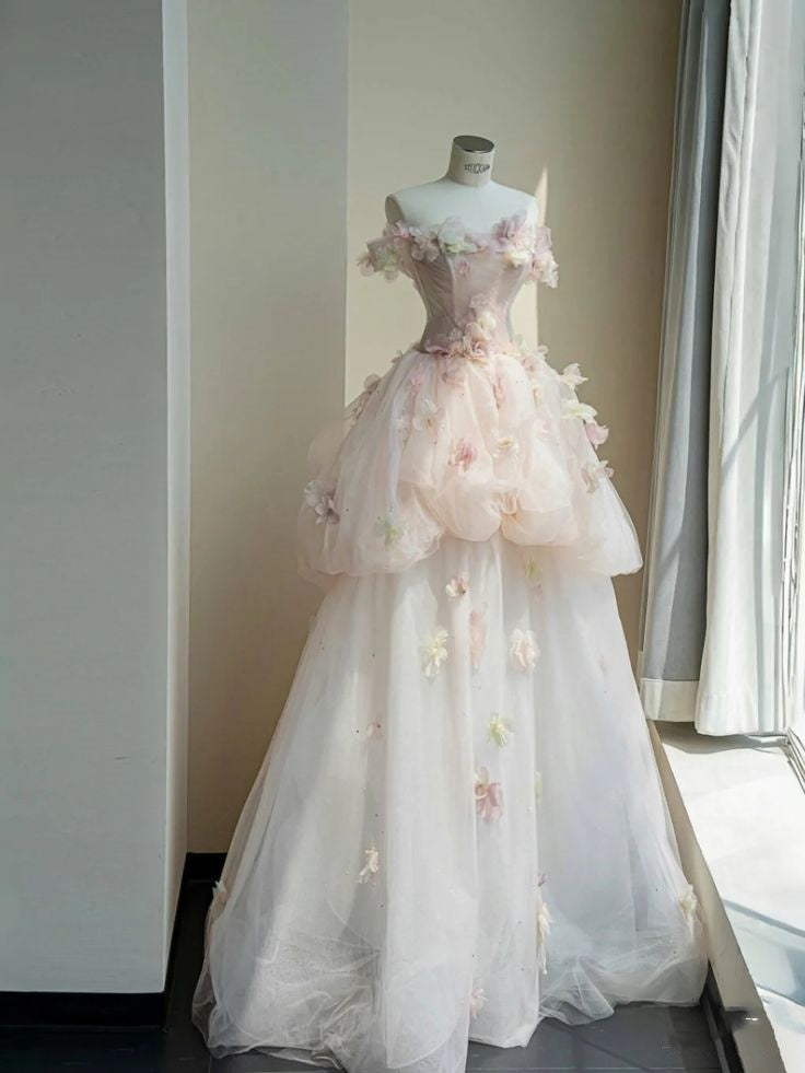 Jolies robes de Quinceanera, robe de bal, épaules dénudées, tulle rose blush, appliques, robes d'anniversaire, robes de 15 ans, robe de soirée formelle, longue, Sweet 16, RB2842