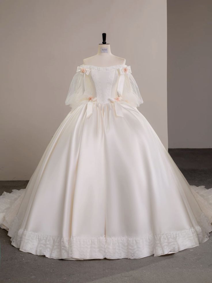 Robe de mariée intemporelle en satin à épaules dénudées et manches, style conte de fées, RB2851