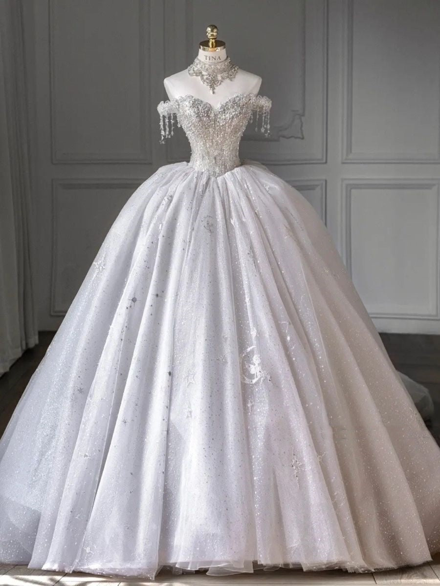 Robe de mariée intemporelle à épaules dénudées, en tulle blanc et paillettes, avec manches, style conte de fées, style automne RB2865