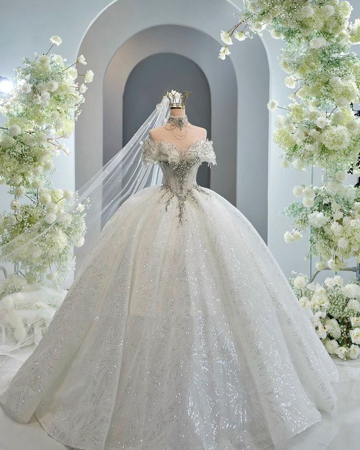 Sparkle Ball Gown Off The Shoulder Sequin Short Sleeves White Wedding Dress Styles Long Bridal Gown Wedding Dresses Ideas DH2897