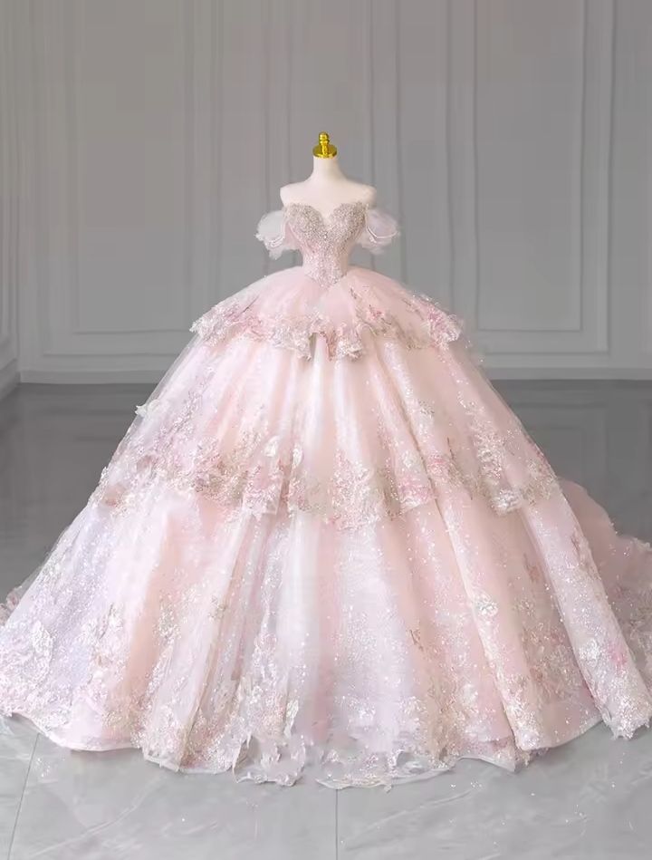 Robe de bal scintillante, épaules dénudées, dentelle rose, manches courtes, robe de mariée perlée, longue, idées de robes de mariée DH2905