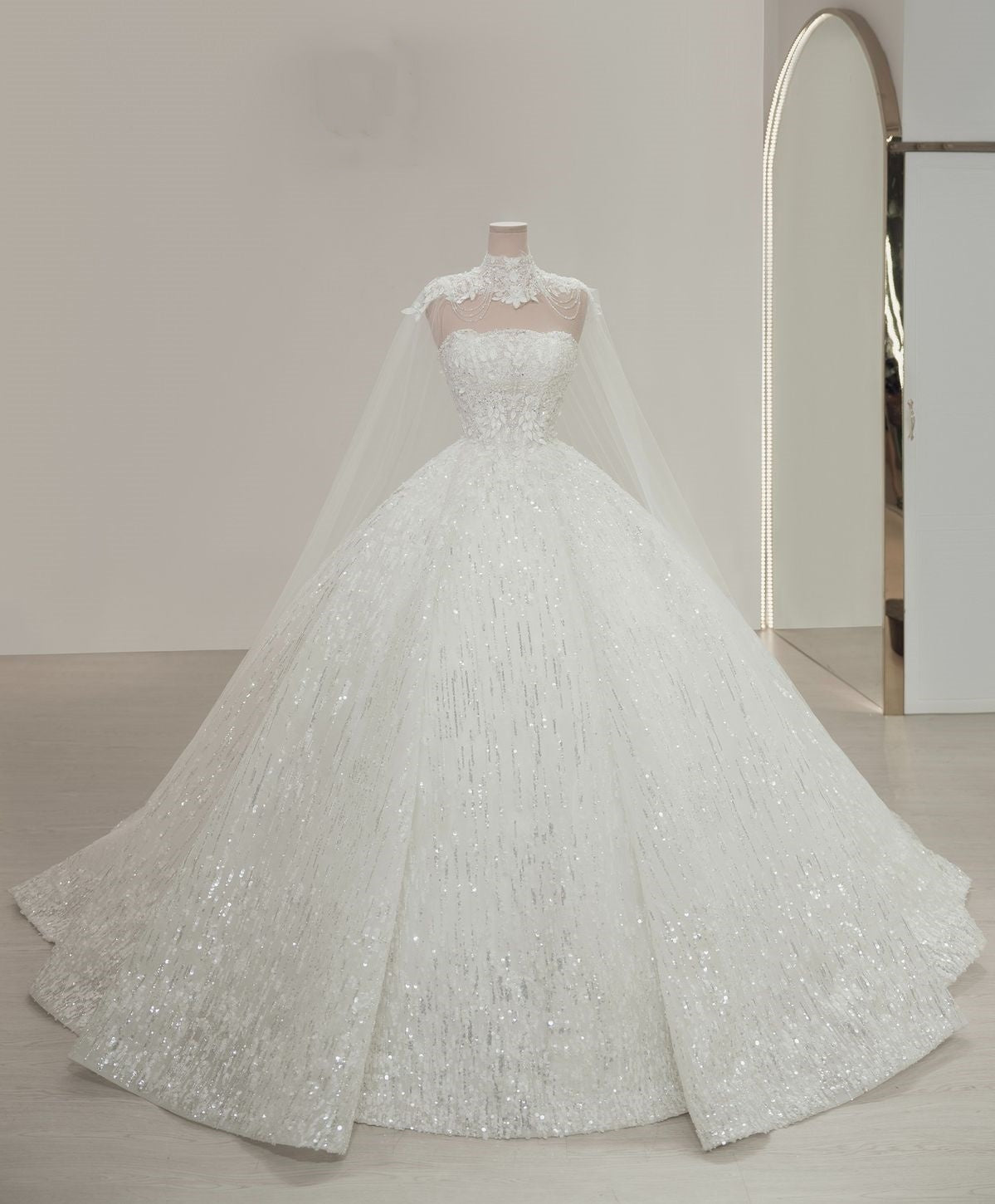 Modest Ball Gown Strapless Fitted Corset Sequin Wedding Dress Long Bridal Gown Wedding Gowns With Cape RB2914