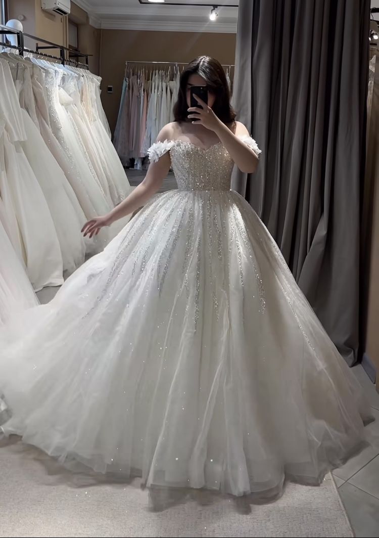 Robe de mariée élégante en tulle à épaules dénudées et perles argentées, robe de bal ajustée, longue, robes de mariée DH2918