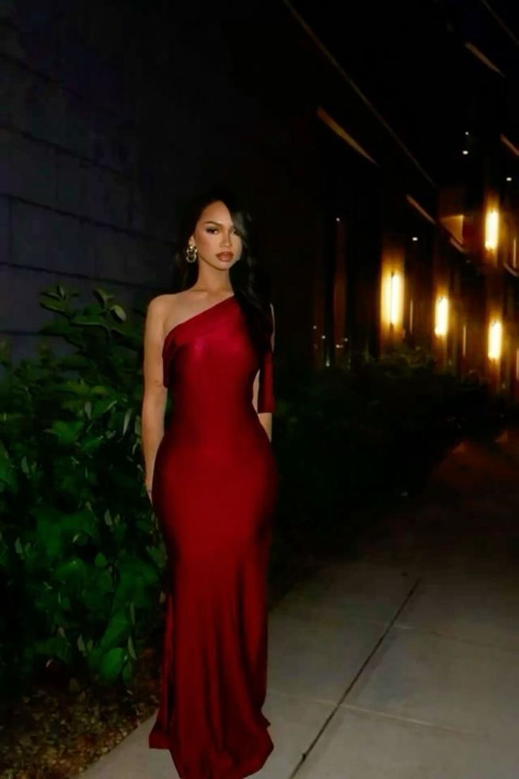 Classy Mermaid One Shoulder Red Satin Long Prom Dresses Inspiration Prom Gown DH3013