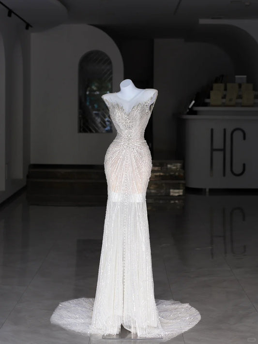 Modest Wedding Dresses Mermaid Sweetheart White Sequin Beaded Bodice Long Bridal Gown N2986
