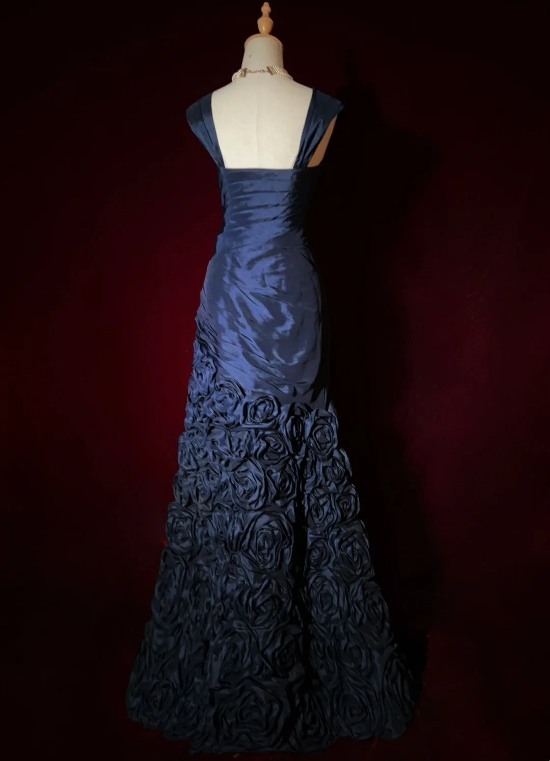 Robes de bal vintage des années 90 sirène bustier bleu marine satin fleurs longues tenues de soirée N3191