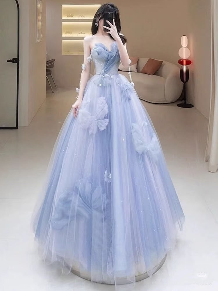 Ballkleid, Abiballkleid, Damen, Herzausschnitt, blauer Tüll, langes formelles Abendkleid, Tanzkleid, Partykleid AB1733