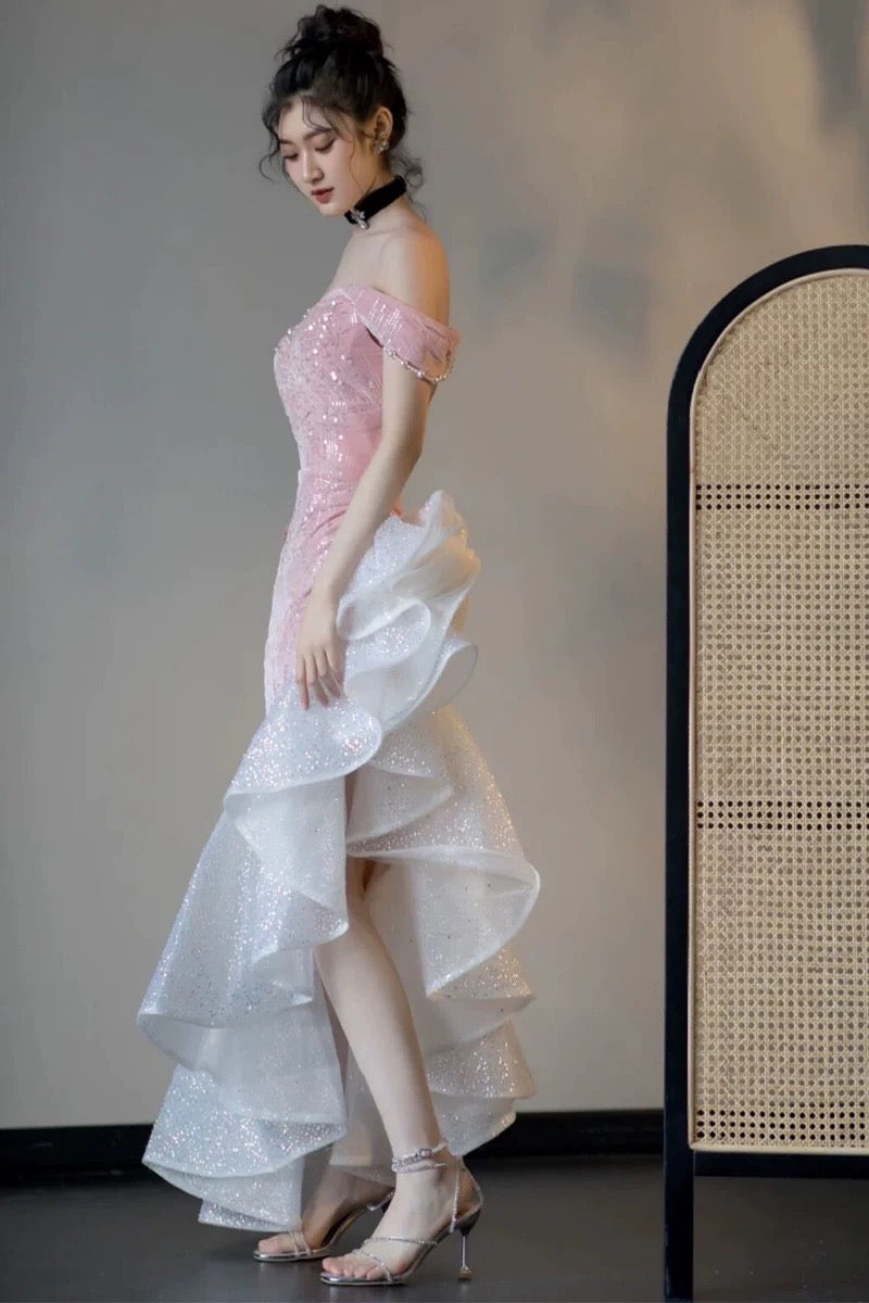 Élégante Robe de Soirée Formelle Sirène Rose Épaules Dénudées Manches Courtes Paillettes Anniversaire Bal de Promo N2816