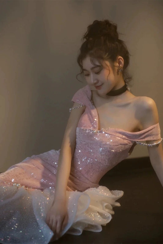 Elegant Mermaid Off The Shoulder Pink With Short Sleeves Formal Dress Sequin Birthday Prom Dresses N2816