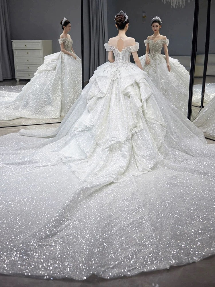 Robe de mariée longue à paillettes, épaules dénudées, manches courtes, blanche et argentée, avec perles, idée de robe de mariée DH2899