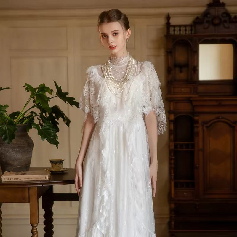 Princess Wedding Dresses A line High Neck White With Sleeves Long Summer Garden Wedding Dress N4104
