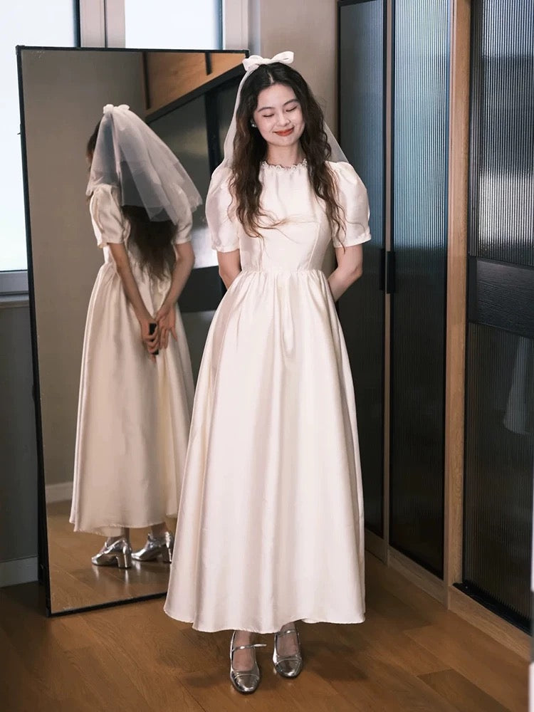 Simple Wedding Dresses A line Scoop White Ankle Length Summer Garden Wedding Dress N4110