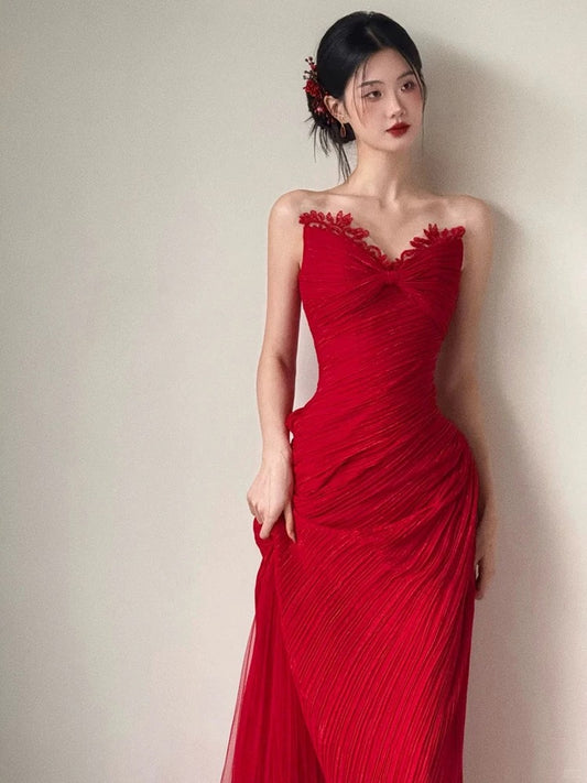 Modest Mermaid Sweetheart Red Chiffon Birthday Elegant Outfit Formal Prom Dresses N4091