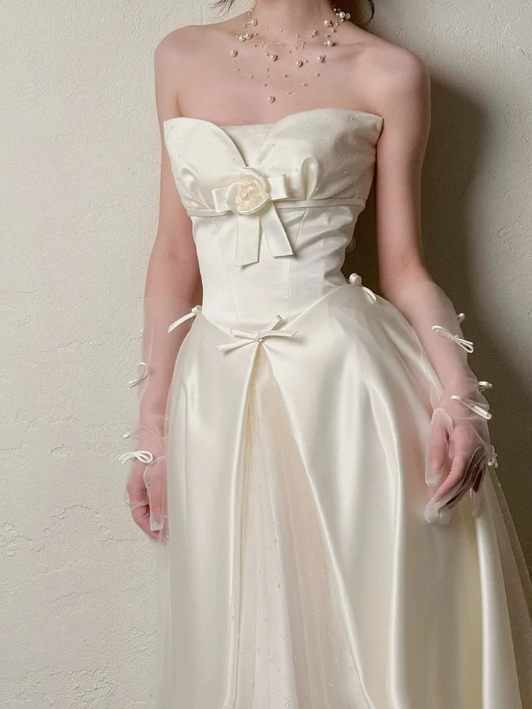 Simple Wedding Dresses A line Strapless Summer Garden Satin Tulle Long Wedding Dress N4123