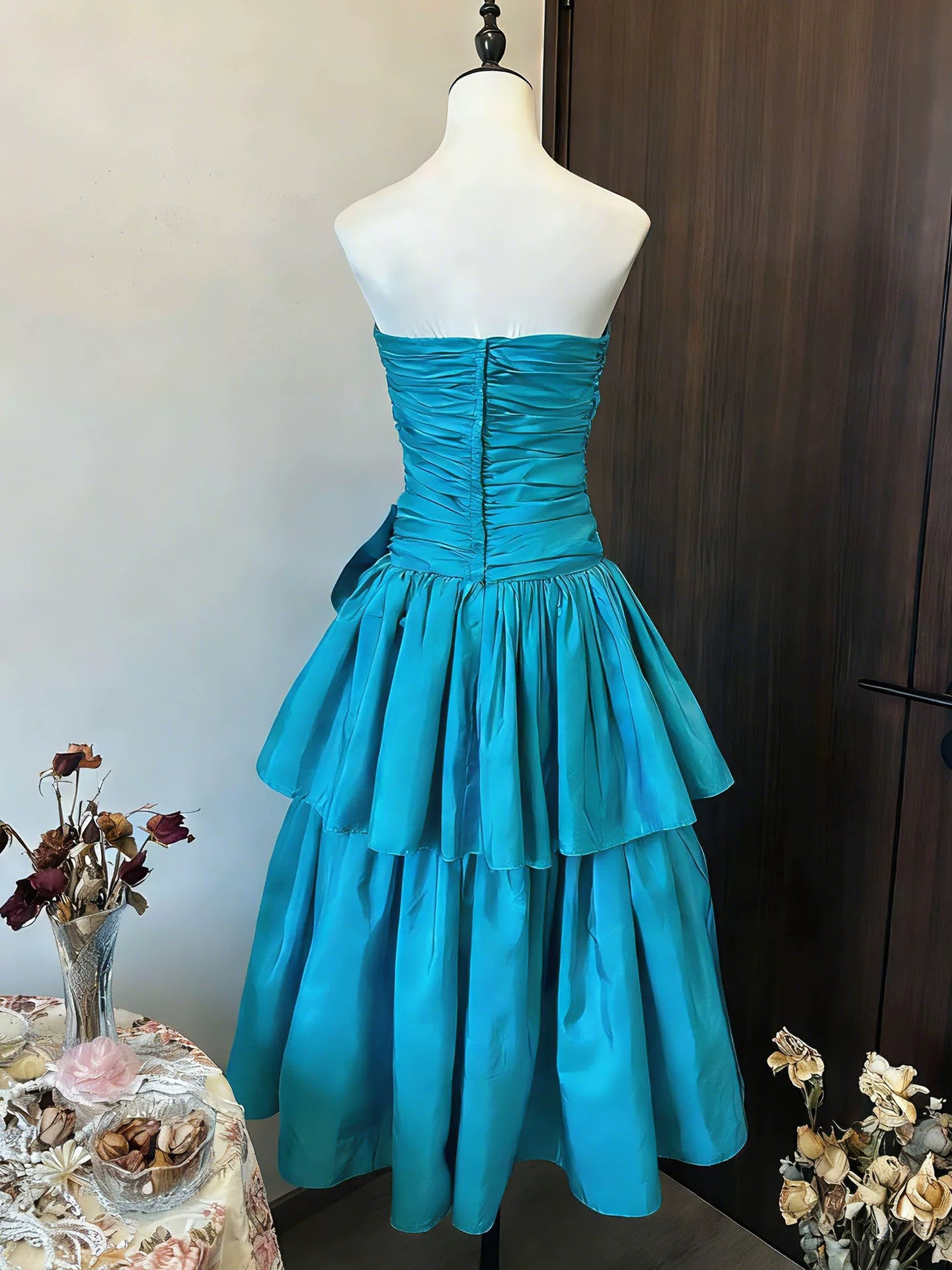 Ballkleid Trägerlos Blau Satin Geburtstag Mit Perlen Elegant Outfit Formelle Abschlussballkleider N4414