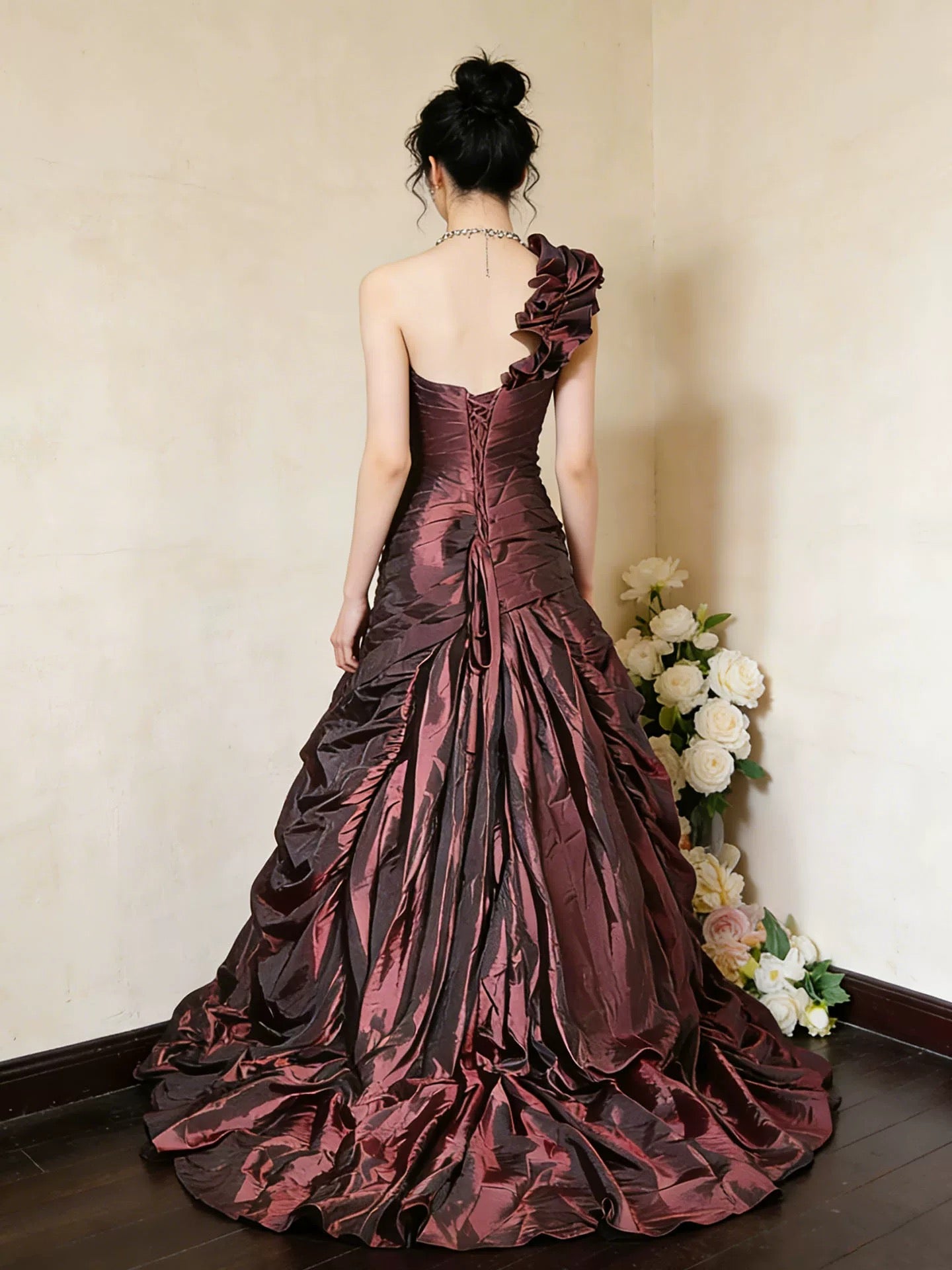 Princess Prom Dresses Ball Gowns One Shoulder Burgundy Taffeta Evening Long Formal Dress N4267