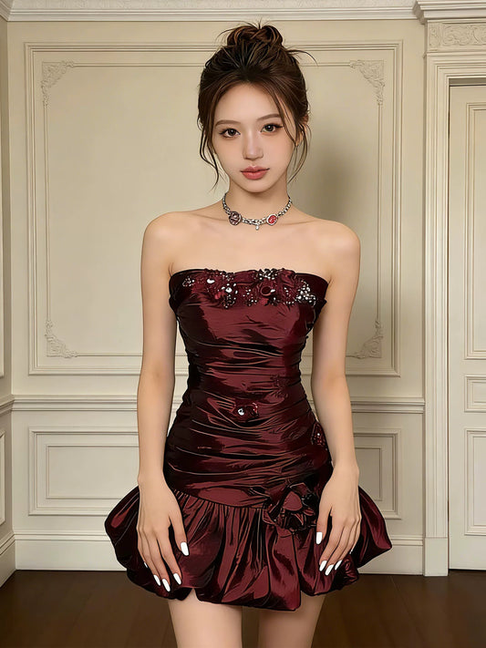 Vintage Sheath Strapless Burgundy Satin Short Mini Party Dress Cocktail Homecoming Dresses N4269