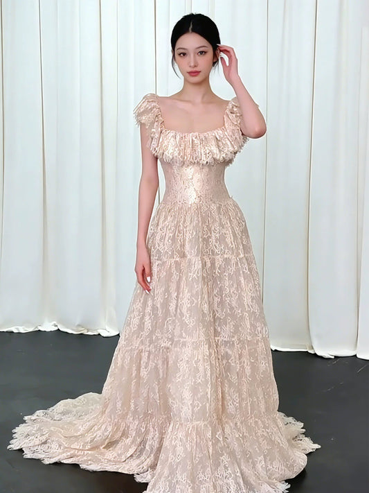 Stunning A line Square Neck Champagne Lace Long Prom Dresses For Women N4270