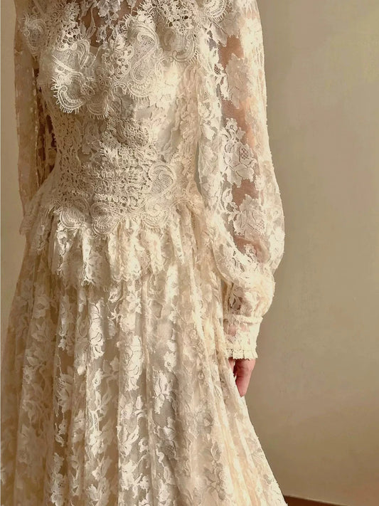 Timeless Wedding Dresses A line High Neck Long Sleeves Lace Summer Wedding Dress N4274