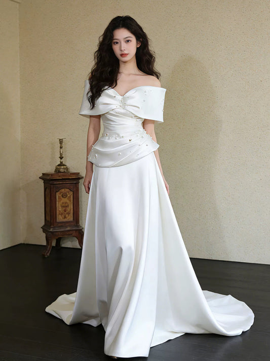 Simple Wedding Dresses A line Off The Shoulder White Satin Summer Garden Wedding Dress N4277