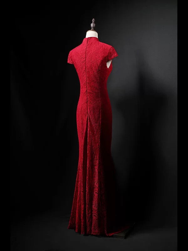 Atemberaubendes Meerjungfrau-Abendkleid mit hohem Halsausschnitt, kurzen Ärmeln, Spitze und langer Schleppe für Damen N4279