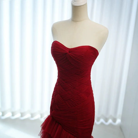 Cute Mermaid Sweetheart Burgundy Tulle 18th Birthday Elegant Outfit Formal Long Prom Dresses N4140