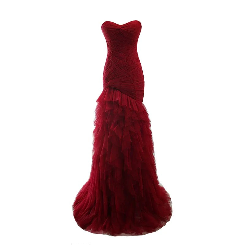 Robe de bal longue formelle élégante de 18e anniversaire en tulle bordeaux sirène mignonne N4140