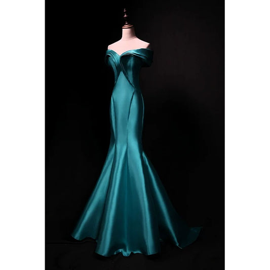 Modest Mermaid Off The Shoulder Blue Satin 18th Birthday Elegant Outfit Formal Long Prom Dresses N4141