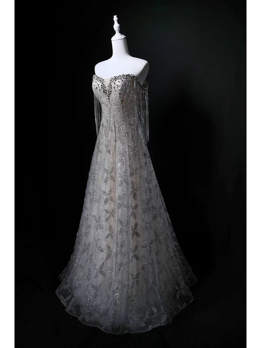 Sparkly Ball Gown Strapless Sequin Gray Birthday With Beaded Elegant Outfit Formal Prom Dresses N4145