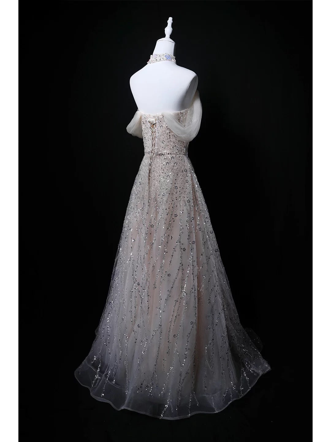 Glitzerndes Ballkleid schulterfrei Pailletten Grau Geburtstag mit Perlen Elegantes Outfit Formelle Abschlussballkleider N4146