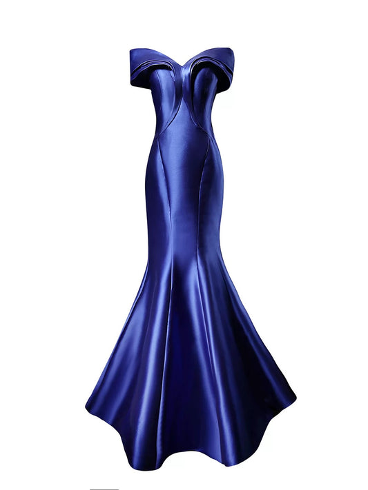 Modest Mermaid Off The Shoulder Royal Blue Satin 18th Birthday Elegant Outfit Formal Long Prom Dresses N4147
