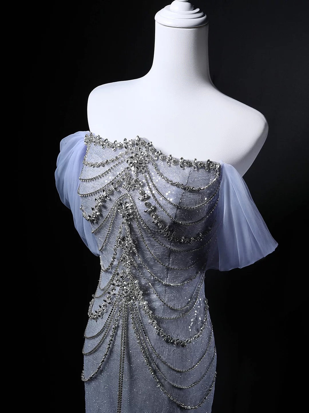 Funkelndes Meerjungfrauen-Off-Shoulder-Paillettenkleid in Blau zum Geburtstag mit perlenbesetztem, elegantem Outfit für den formellen Abschlussball N4148