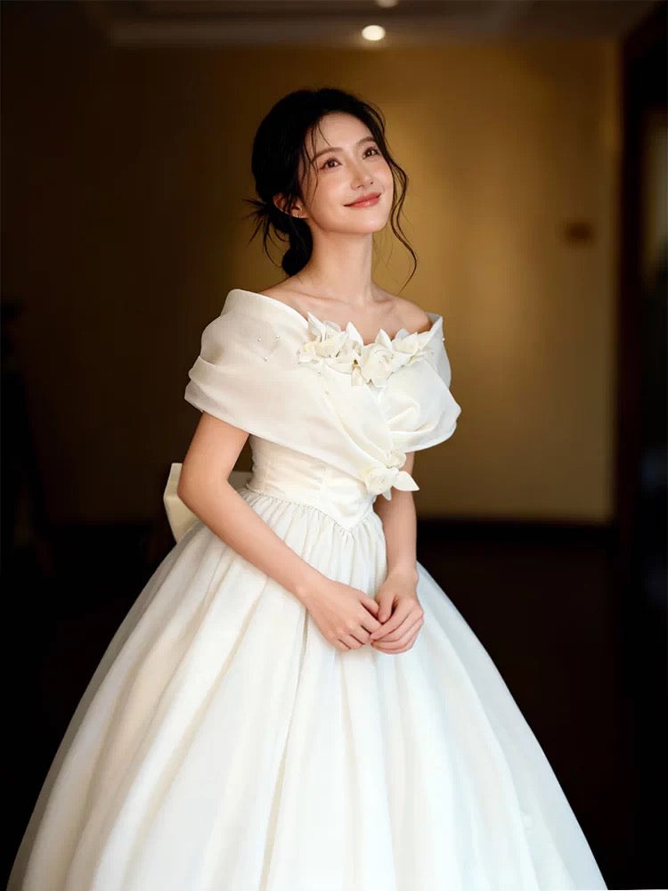 Simple Ball Gowns Off The Shoulder White With Cap Sleeves Tulle Garden Wedding Dresses RB3709