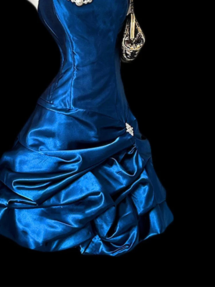 Vintage Etuikleid, trägerlos, königsblau, Satin, kurz, Inspiration für Homecoming-Kleider der 2000er Jahre, N1670