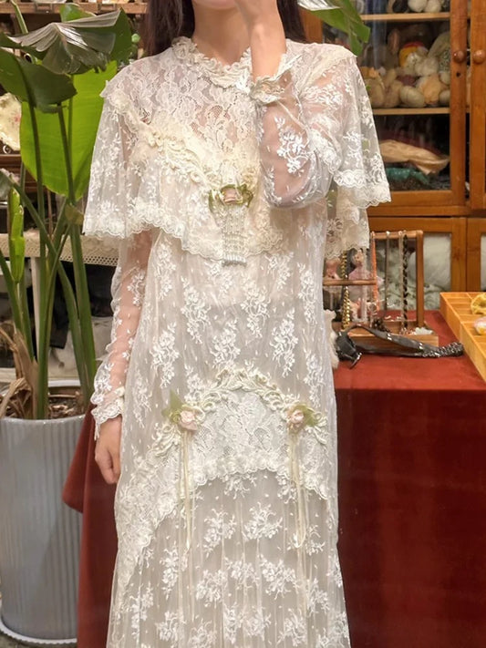 French Style Wedding Dresses A line High Neck White Lace Long Sleeves Summer Garden Wedding Dress N4161