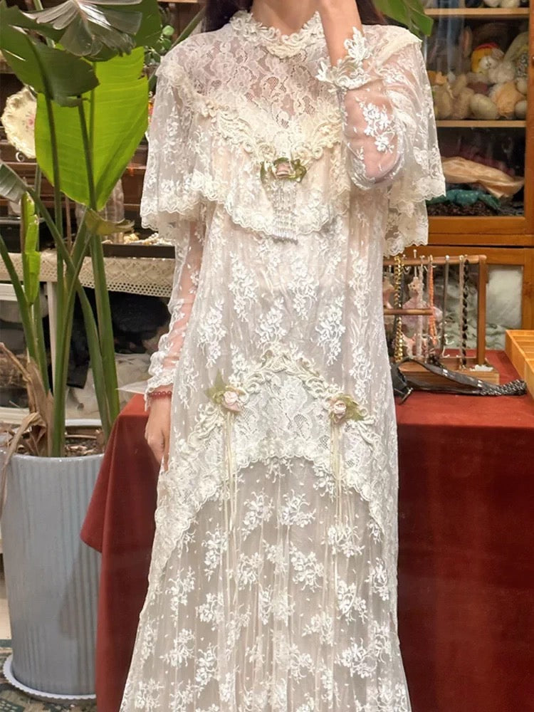 French Style Wedding Dresses A line High Neck White Lace Long Sleeves Summer Garden Wedding Dress N4161