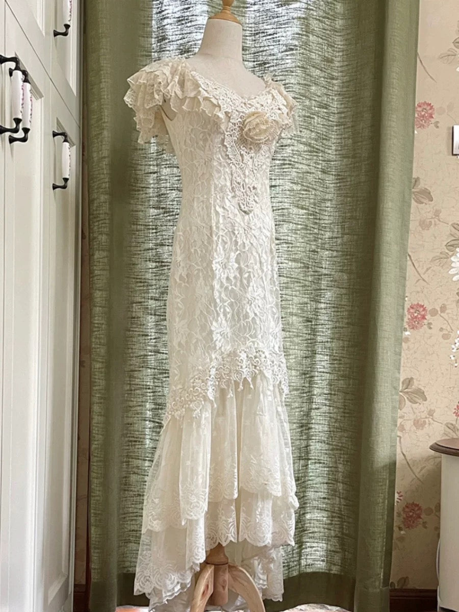French Style Wedding Dresses Mermaid V Neck Lace Short Sleeves Summer Garden Wedding Dress N4166
