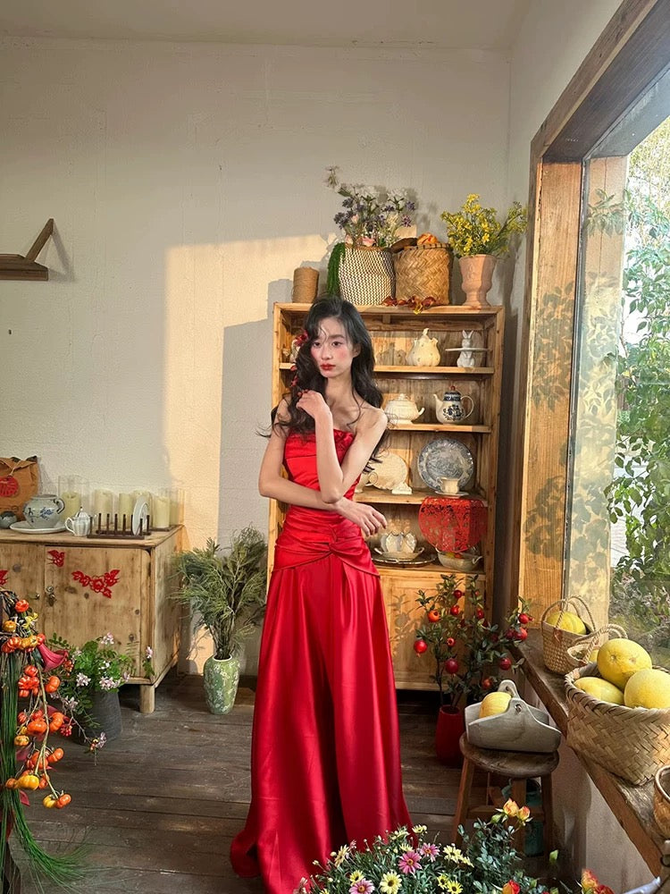 Modest Meerjungfrau Trägerloses rotes Satin-Outfit zum 18. Geburtstag Elegante formelle lange Ballkleider N4167