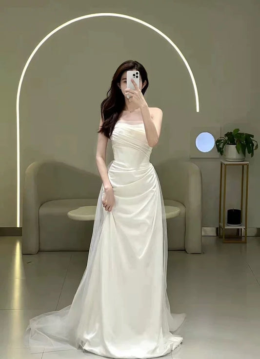 French Style Wedding Dresses Mermaid Strapless With Pleated Summer Garden Wedding Dress N4170
