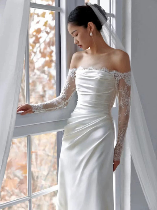 Simple Wedding Dresses Mermaid Off The Shoulder White Satin Summer Garden Wedding Dress N4280