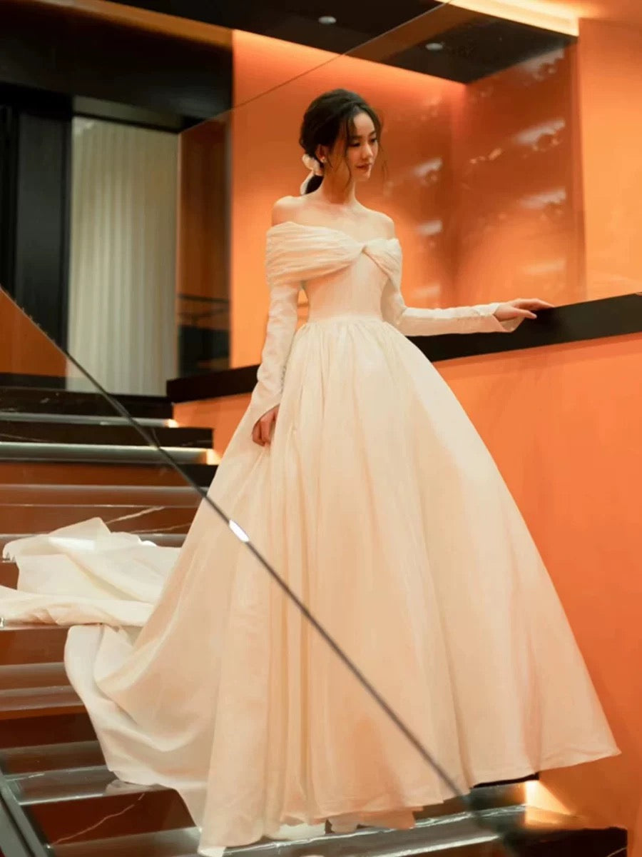 Robes de mariée intemporelles, robes de bal, blanches, avec manches et épaules dénudées, robe de mariée de jardin N4284