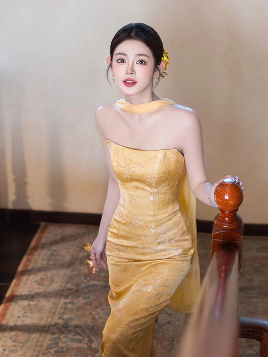 Charming Mermaid Strapless Yellow Satin Summer 20th Birthday Elegant Outfit Wedding Guest Dresses N4294